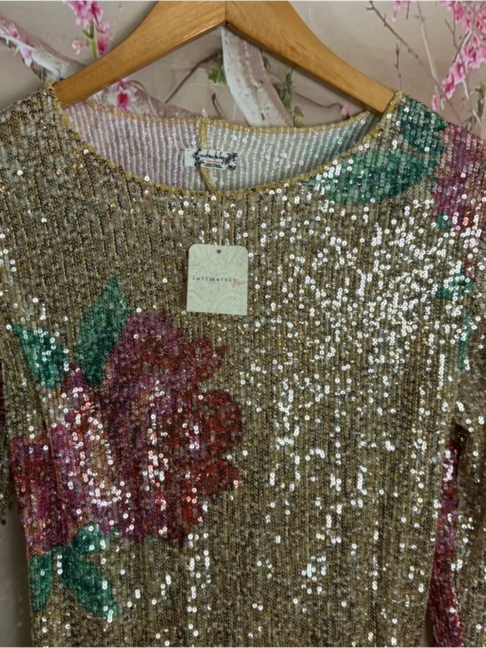 NEW Free People Gold Rush long sleeve top in a champagne floral sequin - Picture 3 of 10